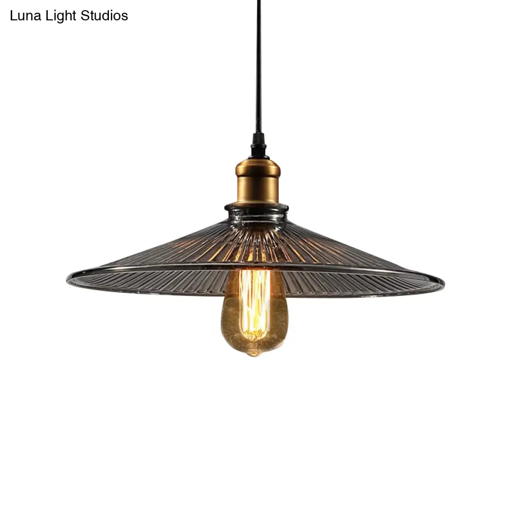 Farmhouse Brass Cone Pendant Ceiling Light With Ribbed Glass - Living Room Hanging Lamp (1 Light)