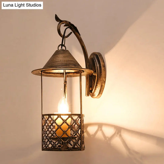 Farmhouse Brass Metal Wall Sconce With Flameless Candle For Restaurants - 1 Head Lantern Light