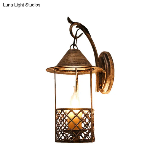 Farmhouse Brass Metal Wall Sconce With Flameless Candle For Restaurants - 1 Head Lantern Light