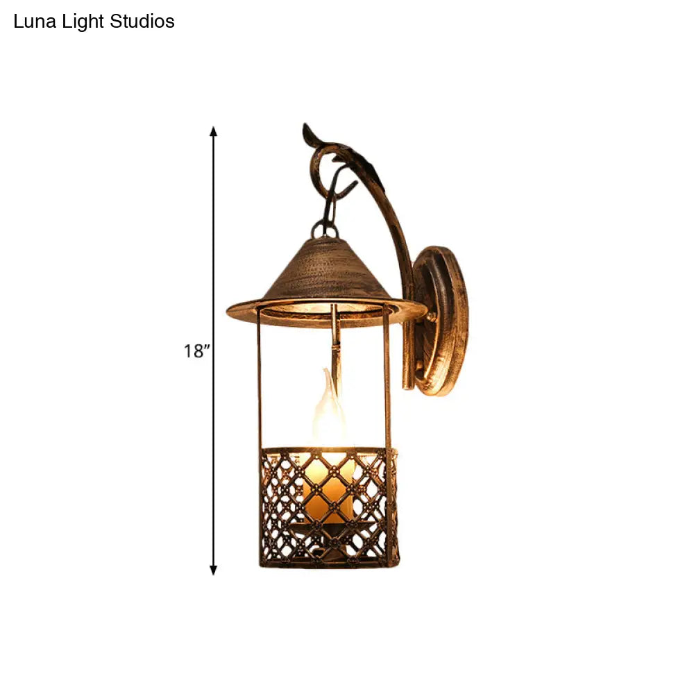 Farmhouse Brass Metal Wall Sconce With Flameless Candle For Restaurants - 1 Head Lantern Light