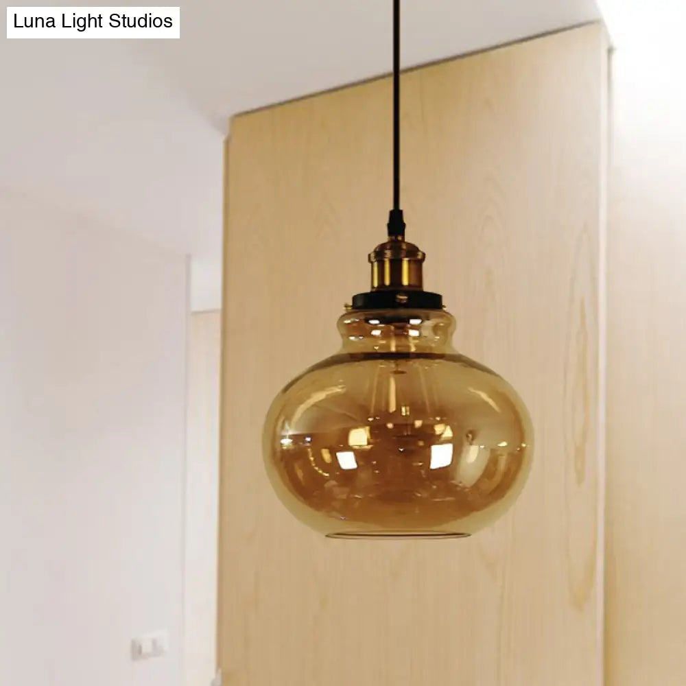 Farmhouse Brass Amber Glass Pendant Ceiling Light - 1-Light Globe Hanging Lamp For Indoor Use