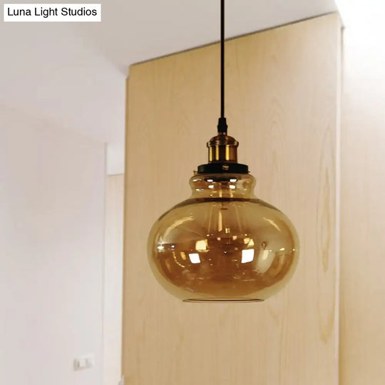 Farmhouse Brass Amber Glass Pendant Ceiling Light - 1-Light Globe Hanging Lamp For Indoor Use