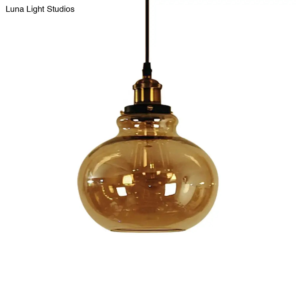 Farmhouse Brass Amber Glass Pendant Ceiling Light - 1-Light Globe Hanging Lamp For Indoor Use