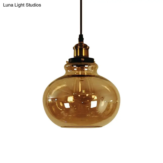 Farmhouse Brass Amber Glass Pendant Ceiling Light - 1-Light Globe Hanging Lamp For Indoor Use