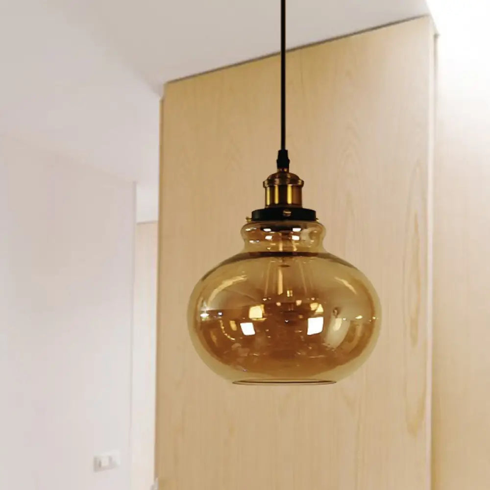 Farmhouse Brass Pendant Ceiling Light - Amber Glass Hanging Lamp 1 Globe Indoor Use