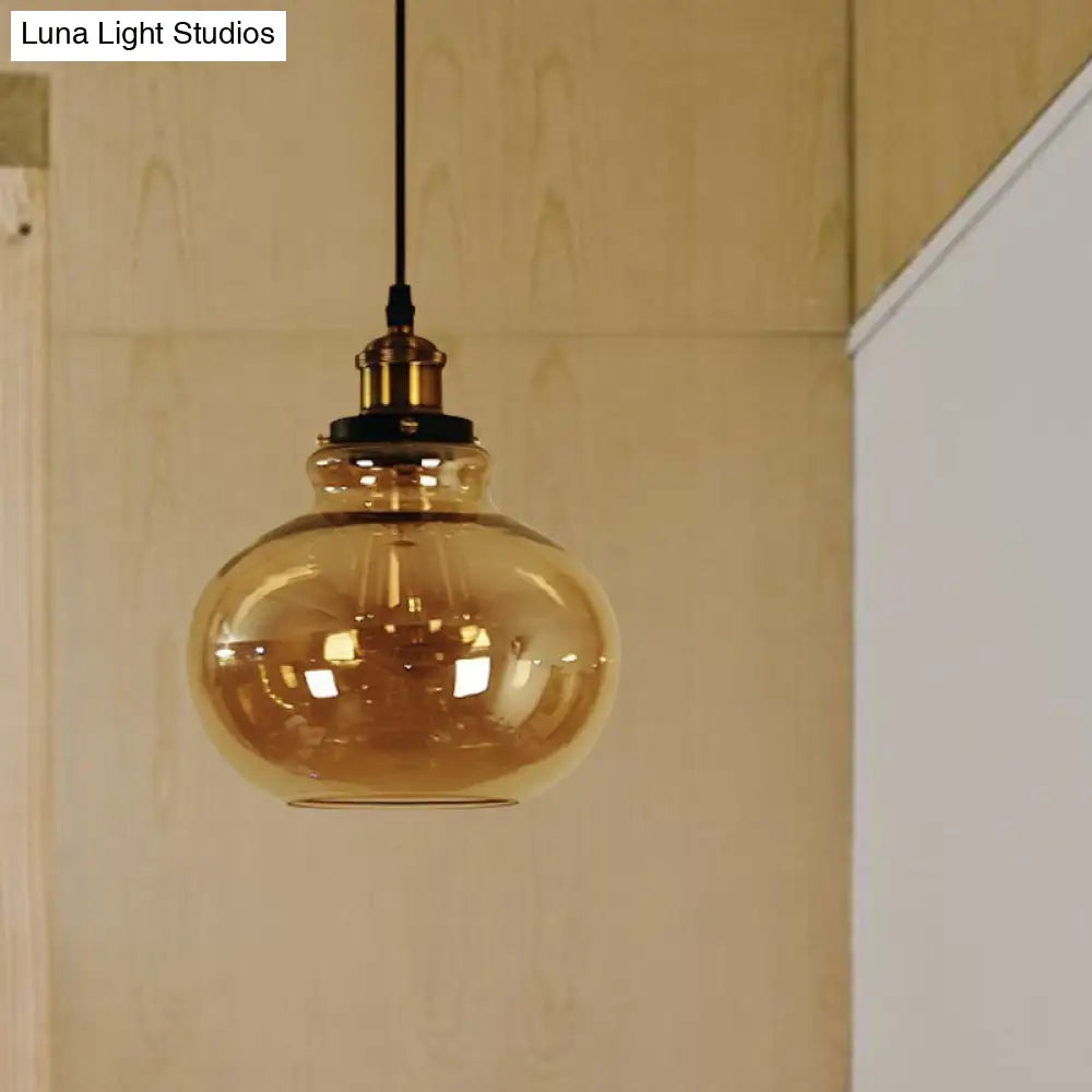 Farmhouse Brass Amber Glass Pendant Ceiling Light - 1-Light Globe Hanging Lamp For Indoor Use