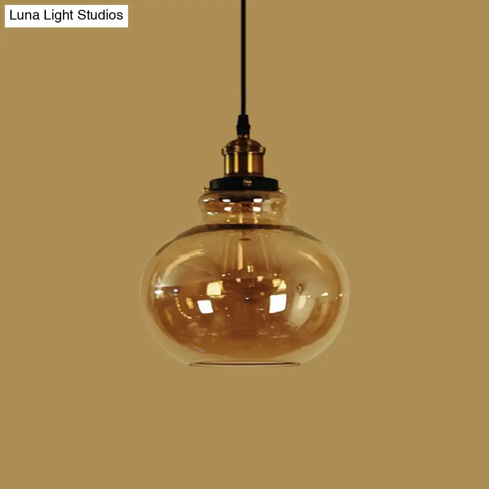 Farmhouse Brass Pendant Ceiling Light - Amber Glass Hanging Lamp 1 Globe Indoor Use