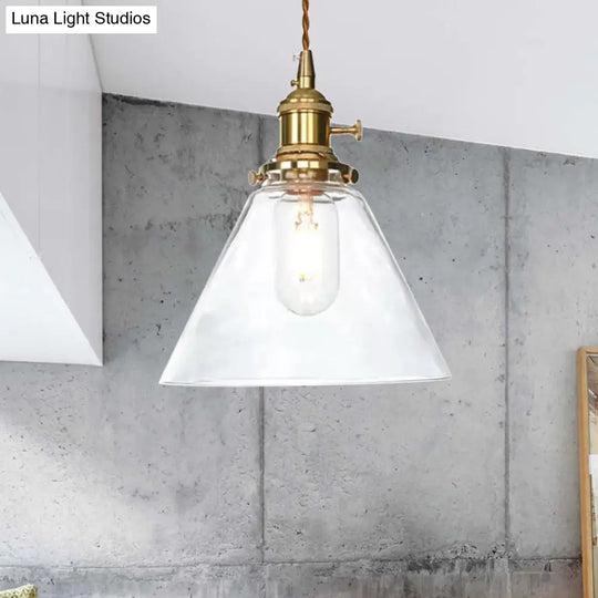 Farmhouse Brass Pendant Ceiling Light Fixture - Clear/Amber Glass Cone 1-Light For Living Room