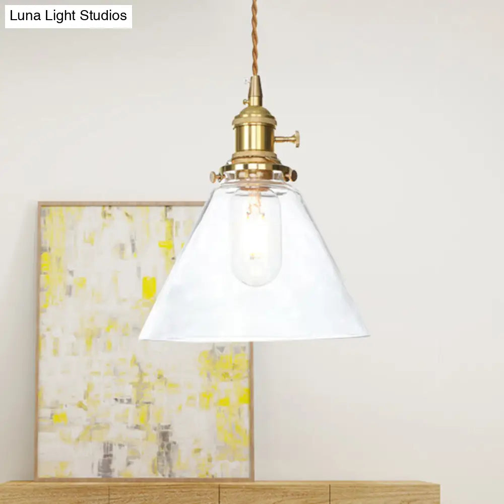 Farmhouse Brass Pendant Ceiling Light Fixture - Clear/Amber Glass Cone 1-Light For Living Room