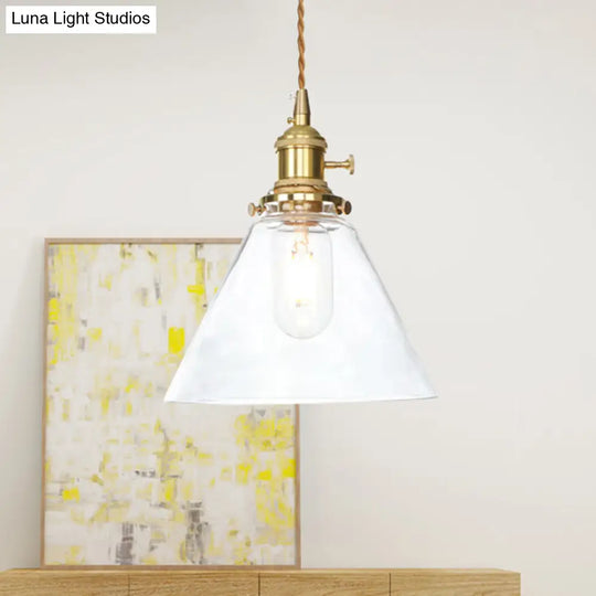 Farmhouse Brass Pendant Ceiling Light Fixture - Clear/Amber Glass Cone 1-Light For Living Room