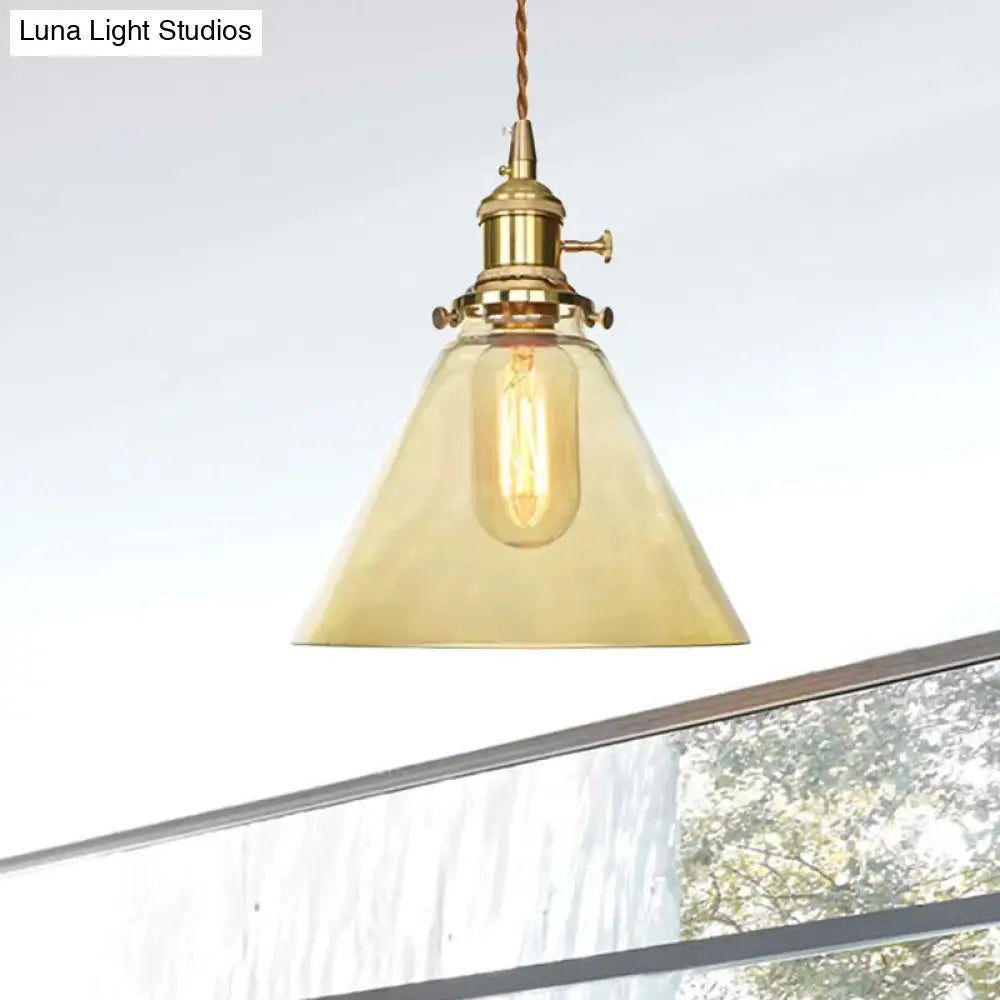 Farmhouse Brass Pendant Ceiling Light Fixture - Clear/Amber Glass Cone 1-Light For Living Room