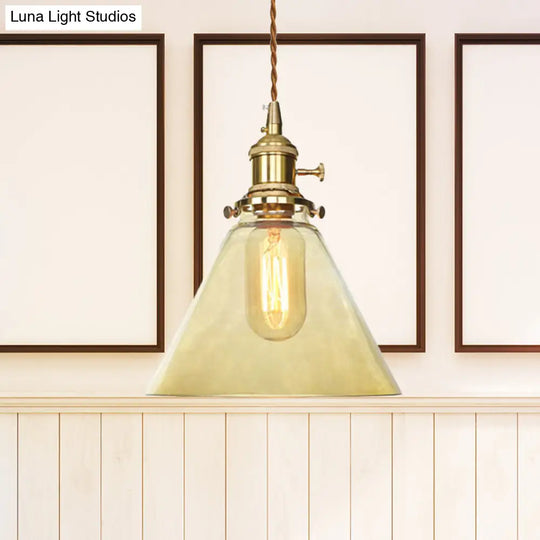 Farmhouse Brass Pendant Ceiling Light Fixture - Clear/Amber Glass Cone 1-Light For Living Room