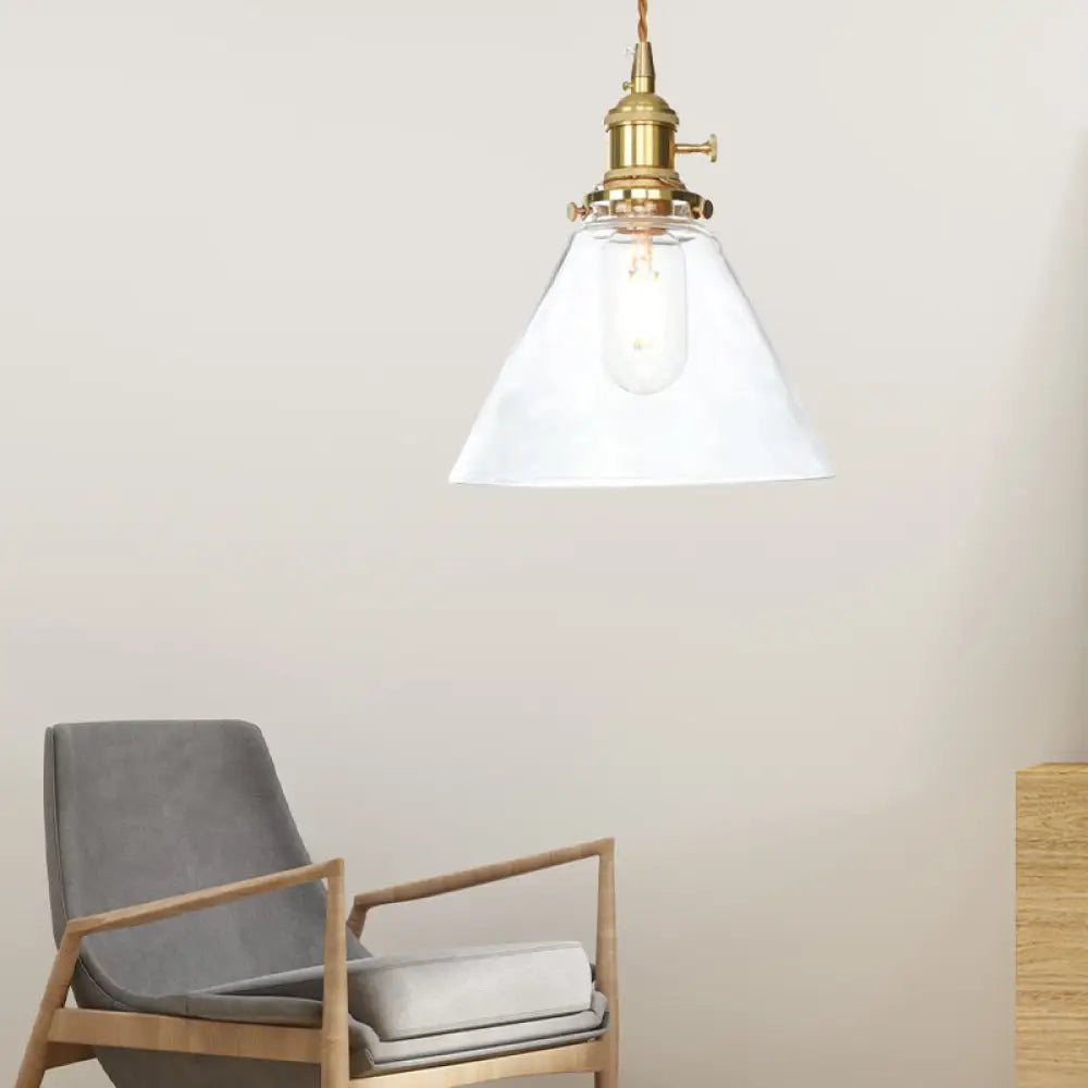 Farmhouse Brass Pendant Ceiling Light Fixture - Clear/Amber Glass Cone 1-Light For Living Room Clear