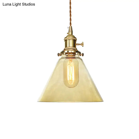 Farmhouse Brass Pendant Ceiling Light With Clear/Amber Cone Glass - 1 Fixture For Living Room