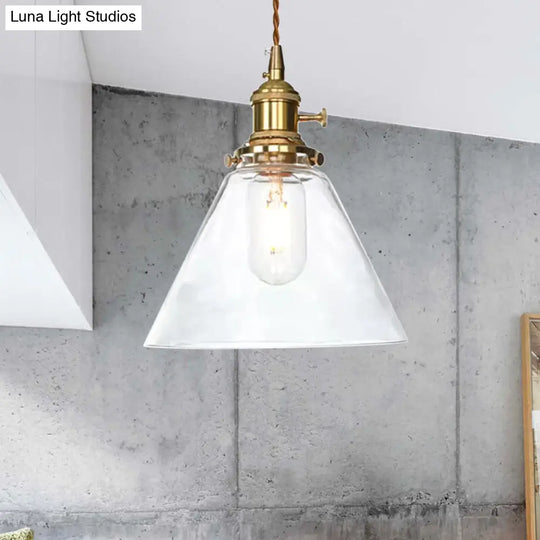 Farmhouse Brass Pendant Ceiling Light With Clear/Amber Cone Glass - 1 Fixture For Living Room