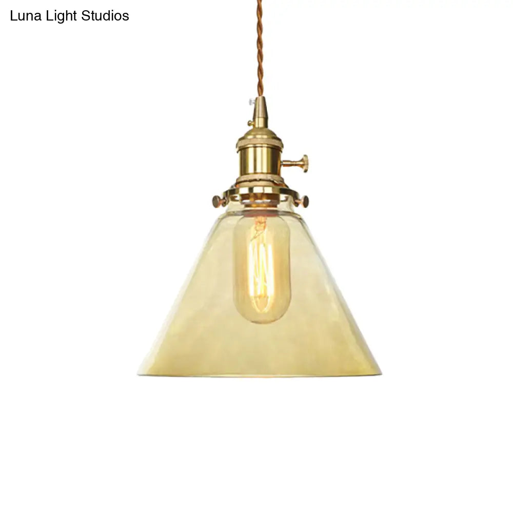 Farmhouse Brass Pendant Ceiling Light Fixture - Clear/Amber Glass Cone 1-Light For Living Room