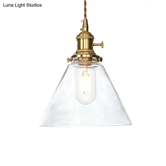 Farmhouse Brass Pendant Ceiling Light Fixture - Clear/Amber Glass Cone 1-Light For Living Room