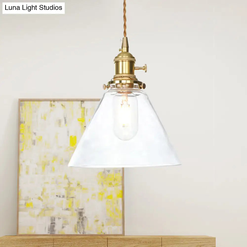 Farmhouse Brass Pendant Ceiling Light With Clear/Amber Cone Glass - 1 Fixture For Living Room