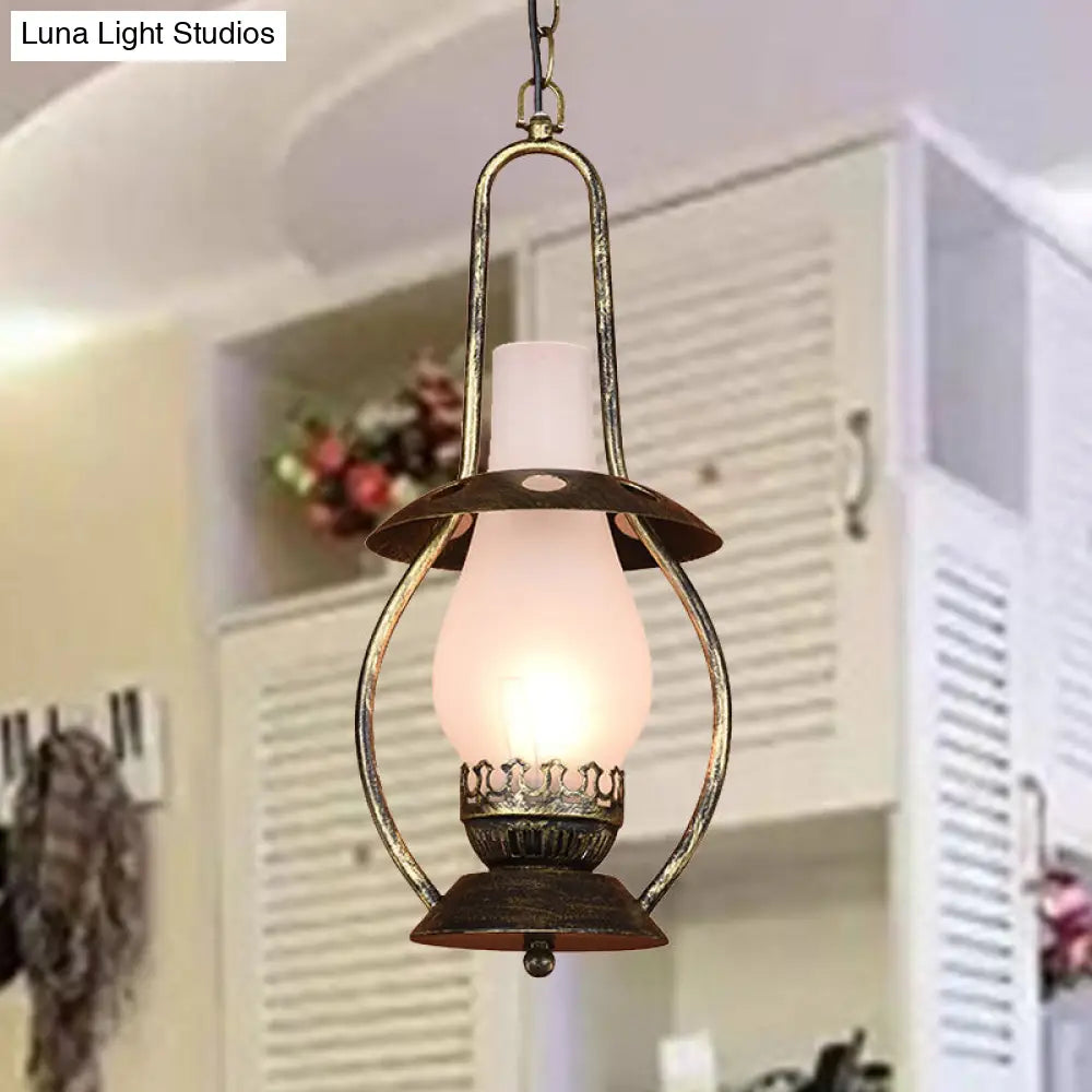 Farmhouse Milk Glass Pendant Ceiling Light - Brass Kerosene Lighting Fixture For Restaurants