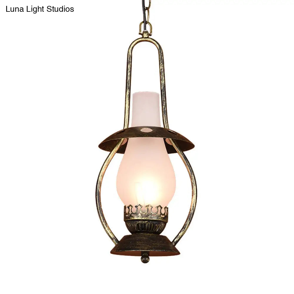 Farmhouse Milk Glass Pendant Ceiling Light - Brass Kerosene Lighting Fixture For Restaurants