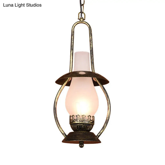 Farmhouse Milk Glass Pendant Ceiling Light - Brass Kerosene Lighting Fixture For Restaurants