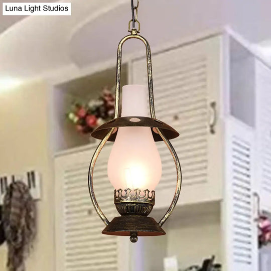 Farmhouse Brass Pendant Ceiling Light With Milk Glass - Rustic Kerosene Lighting Fixture For