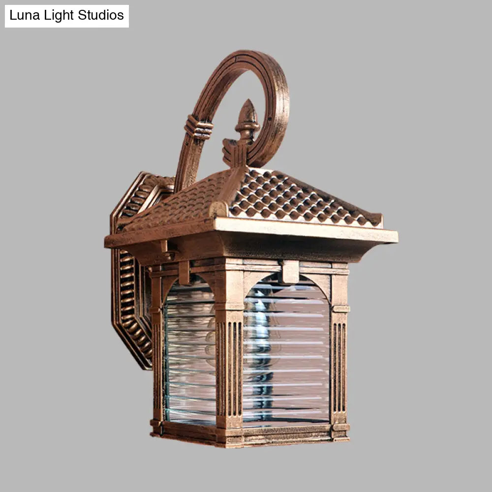 Farmhouse Brass Wall Light With Clear Ribbed Glass - Arch Courtyard Design 1 Fixture