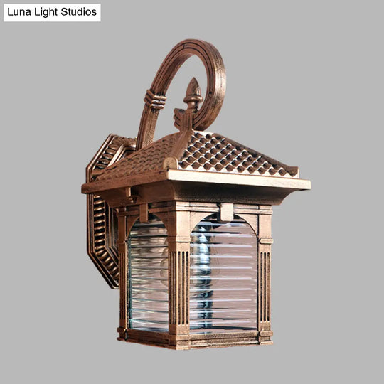 Farmhouse Brass Wall Light With Clear Ribbed Glass - Arch Courtyard Design 1 Fixture