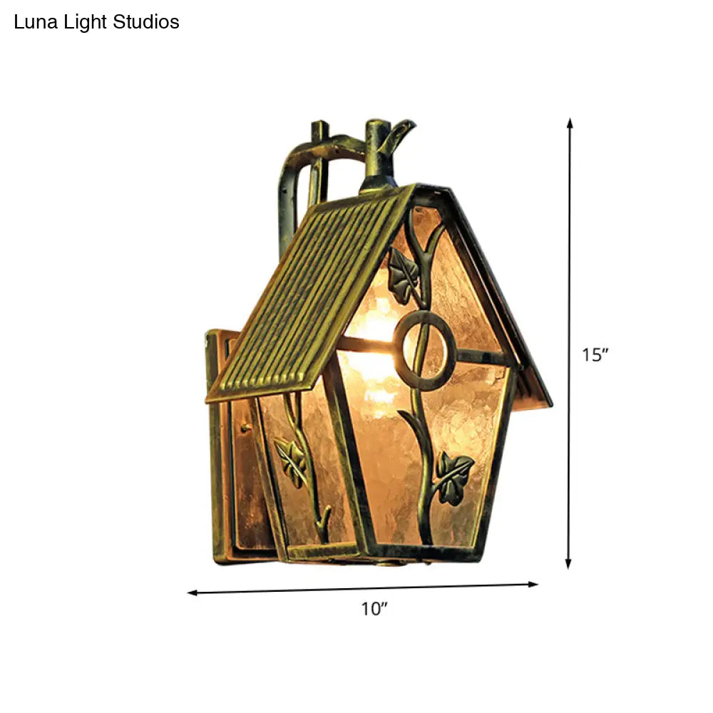 Farmhouse Bronze Wall Sconce Light: 1 Head House Shape With Clear/Frosted/Ribbed Glass