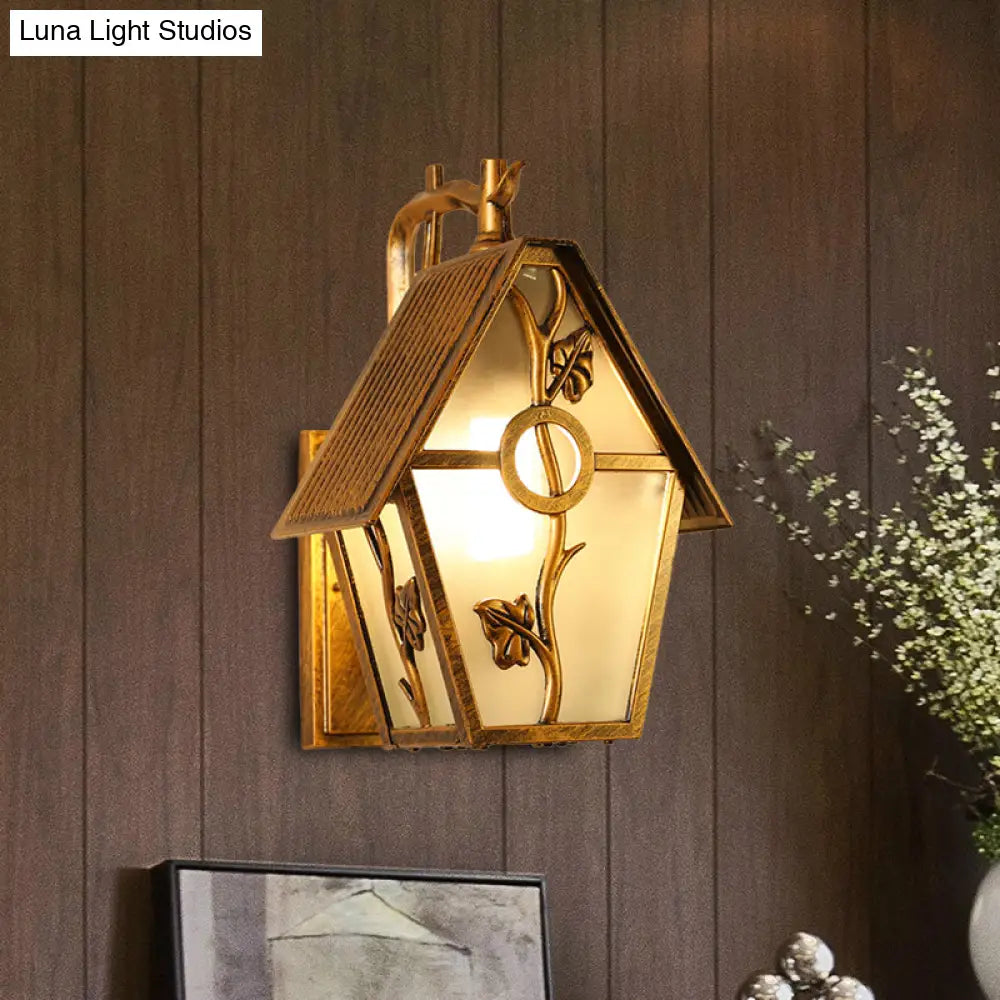 Farmhouse Bronze Wall Sconce Light: 1 Head House Shape With Clear/Frosted/Ribbed Glass