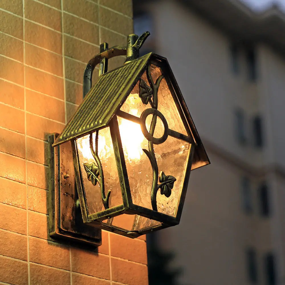 Farmhouse Bronze Wall Sconce Light: 1 Head House Shape With Clear/Frosted/Ribbed Glass / Clear