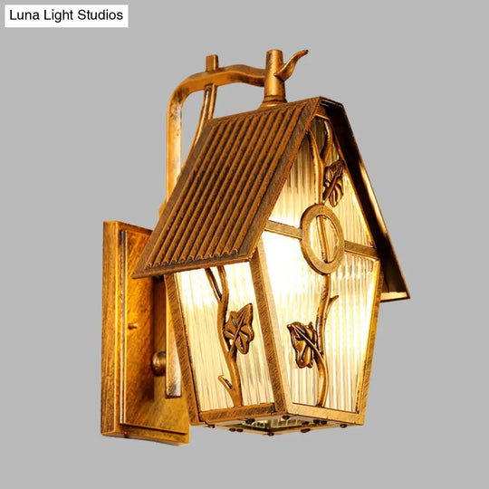 Farmhouse Bronze Wall Sconce Light: 1 Head House Shape With Clear/Frosted/Ribbed Glass