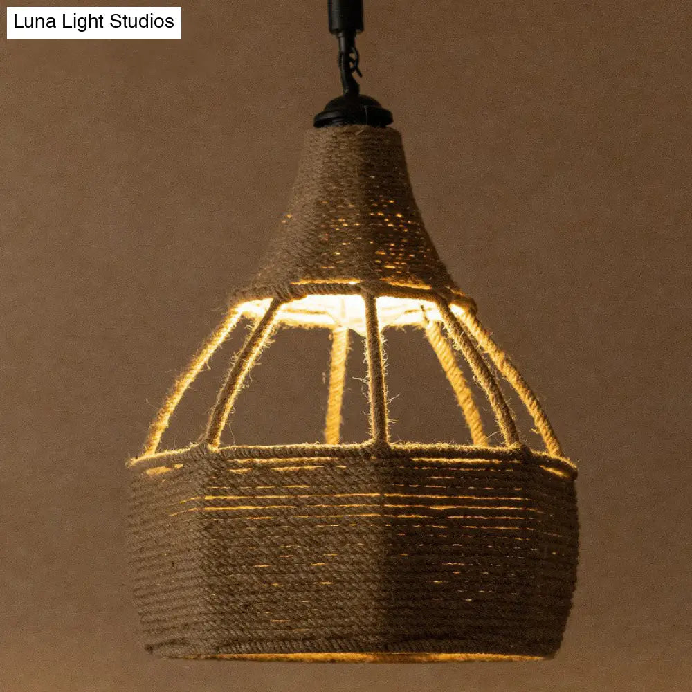 Farmhouse Brown Dining Table Pendant Light - Single Jute Rope Down Lighting With Pear Shape Design