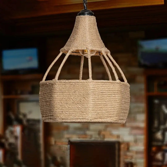 Farmhouse Brown Dining Table Pendant Light - Single Jute Rope Down Lighting With Pear Shape Design