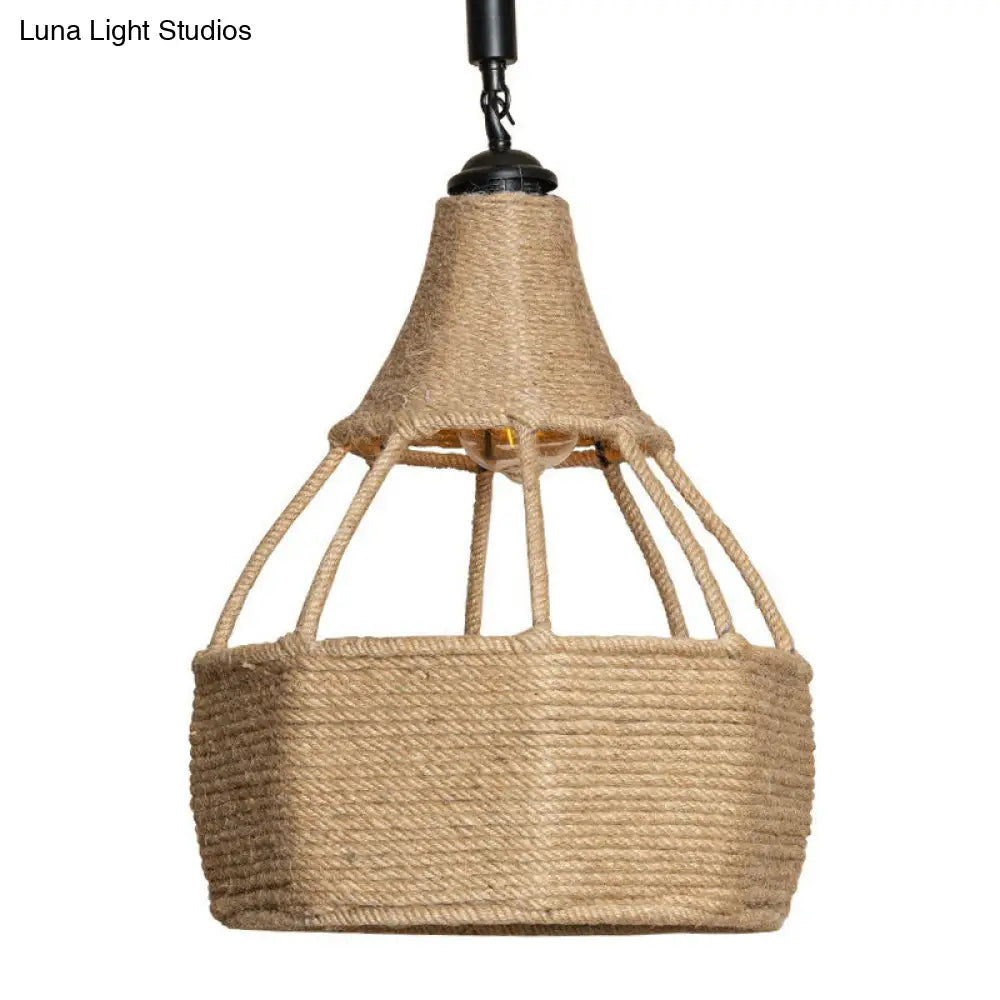 Farmhouse Brown Dining Table Pendant Light - Single Jute Rope Down Lighting With Pear Shape Design