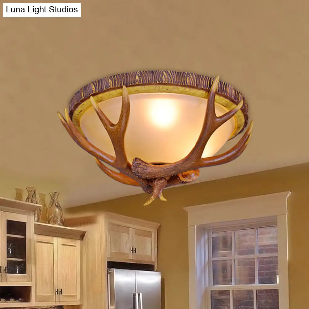 Farmhouse Brown Frosted Glass Ceiling Light With Antler Deco - 3 - Light Dome Flush Mount Fixture