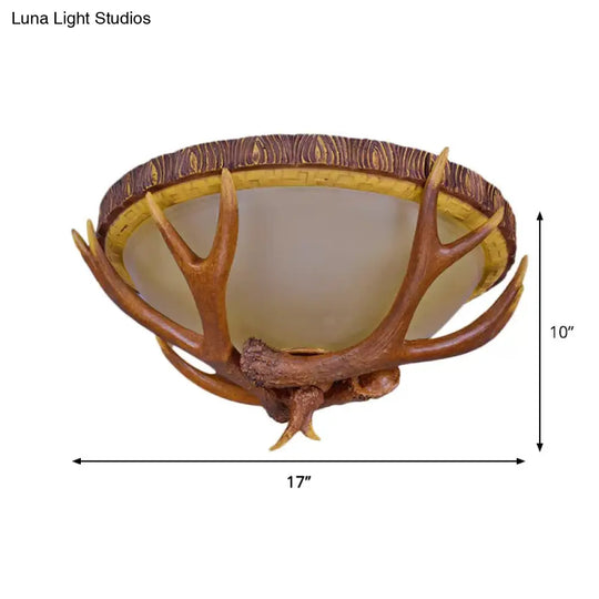 Farmhouse Brown Frosted Glass Ceiling Light With Antler Deco - 3-Light Dome Flush Mount Fixture