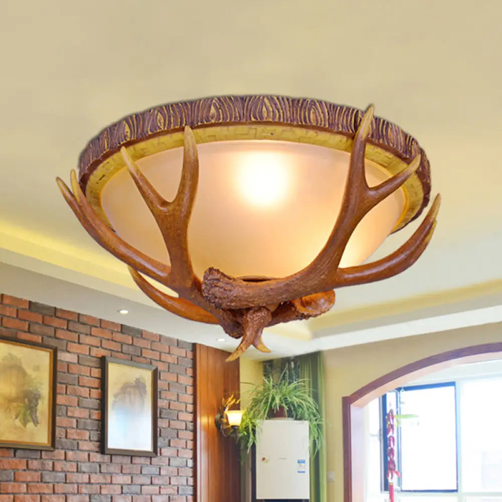 Farmhouse Brown Frosted Glass Ceiling Light With Antler Deco - 3 - Light Dome Flush Mount Fixture