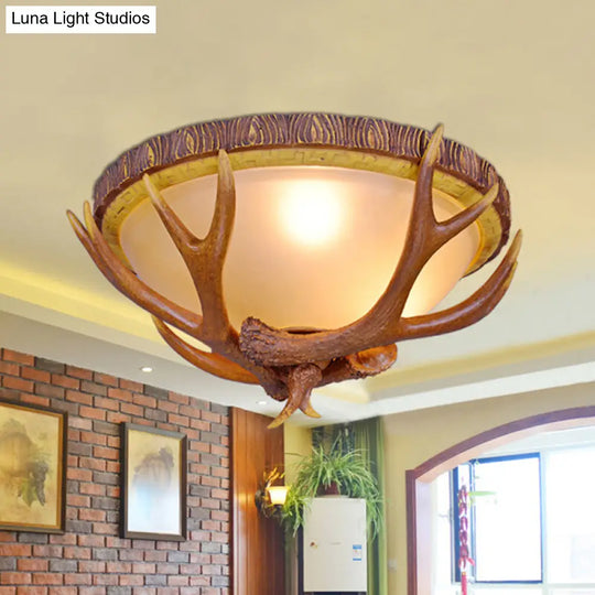 Farmhouse Brown Frosted Glass Ceiling Light With Antler Deco - 3-Light Dome Flush Mount Fixture