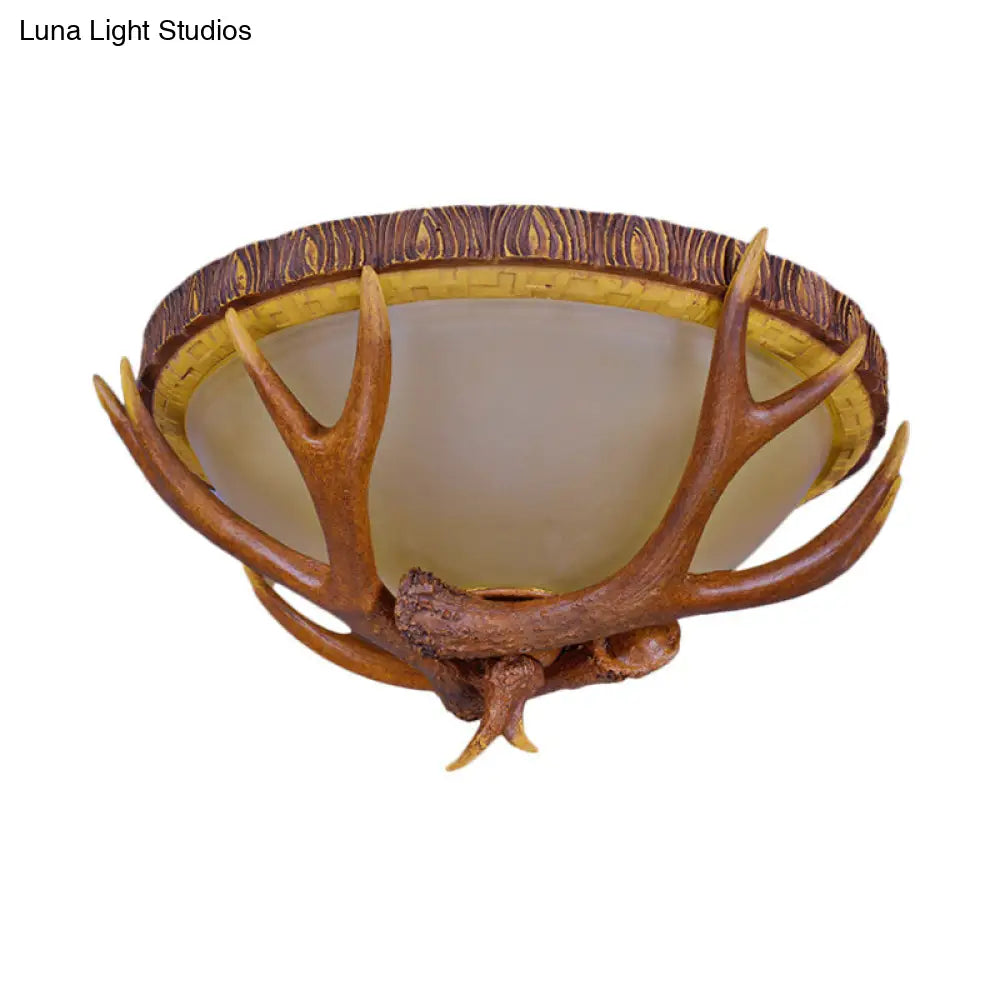 Farmhouse Brown Frosted Glass Ceiling Light With Antler Deco - 3-Light Dome Flush Mount Fixture