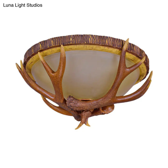 Farmhouse Brown Frosted Glass Ceiling Light With Antler Deco - 3-Light Dome Flush Mount Fixture