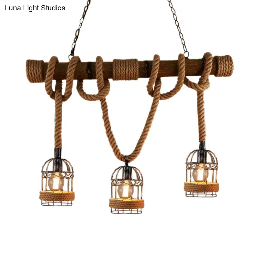 Farmhouse Brown Iron Bird Cage Pendant With Rope And Wood Pole - Set Of 3 Bulbs