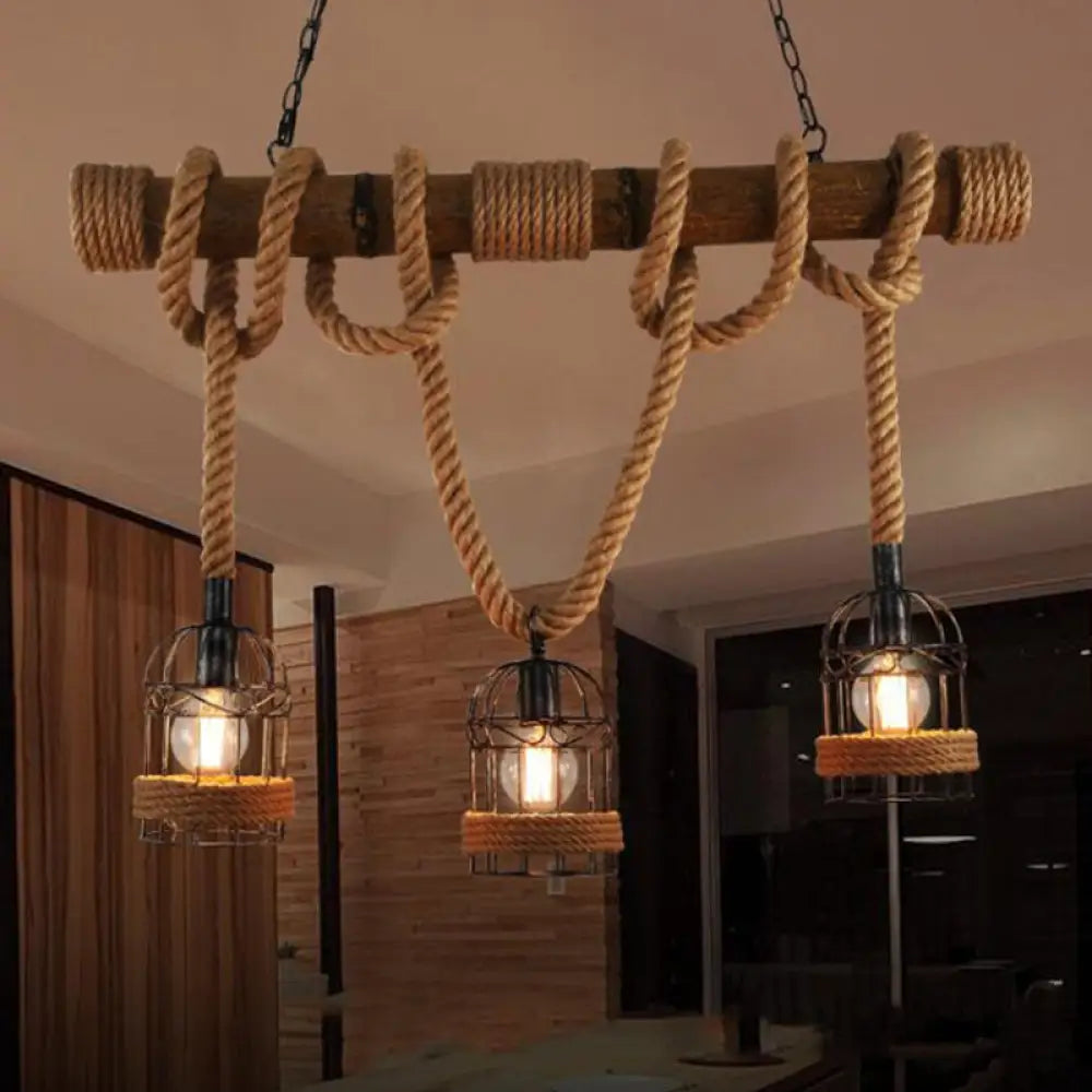 Farmhouse Brown Iron Bird Cage Pendant With Rope And Wood Pole - Set Of 3 Bulbs