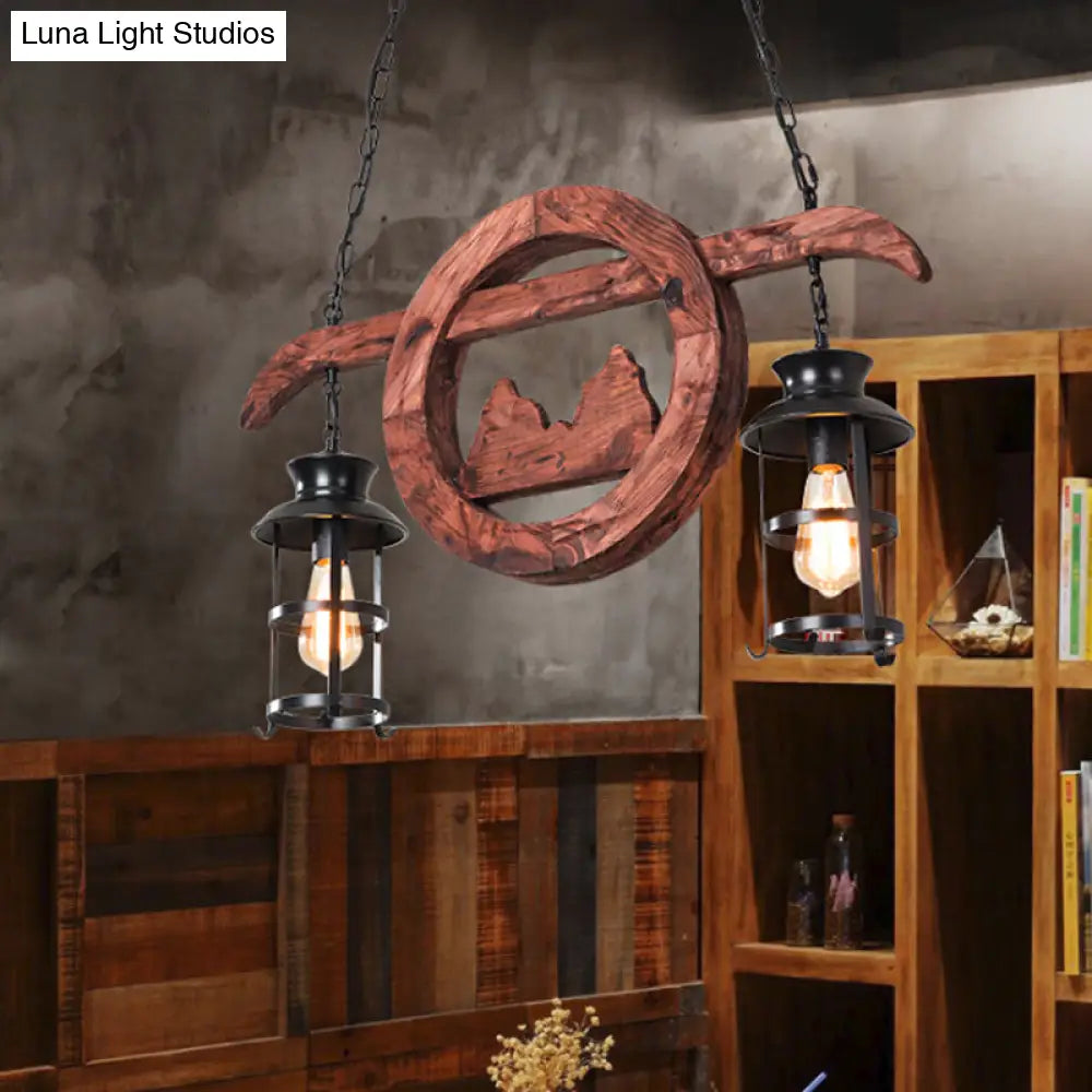 Farmhouse Brown Lantern Pendant Lamp With Clear Glass And Multiple Wood Arm Designs - Island Light