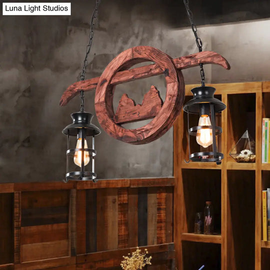 Farmhouse Brown Lantern Pendant Lamp With Clear Glass And Multiple Wood Arm Designs - Island Light