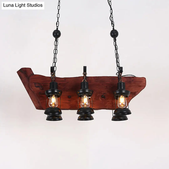 Farmhouse Brown Lantern Pendant Lamp With Clear Glass And Multiple Wood Arm Designs - Island Light