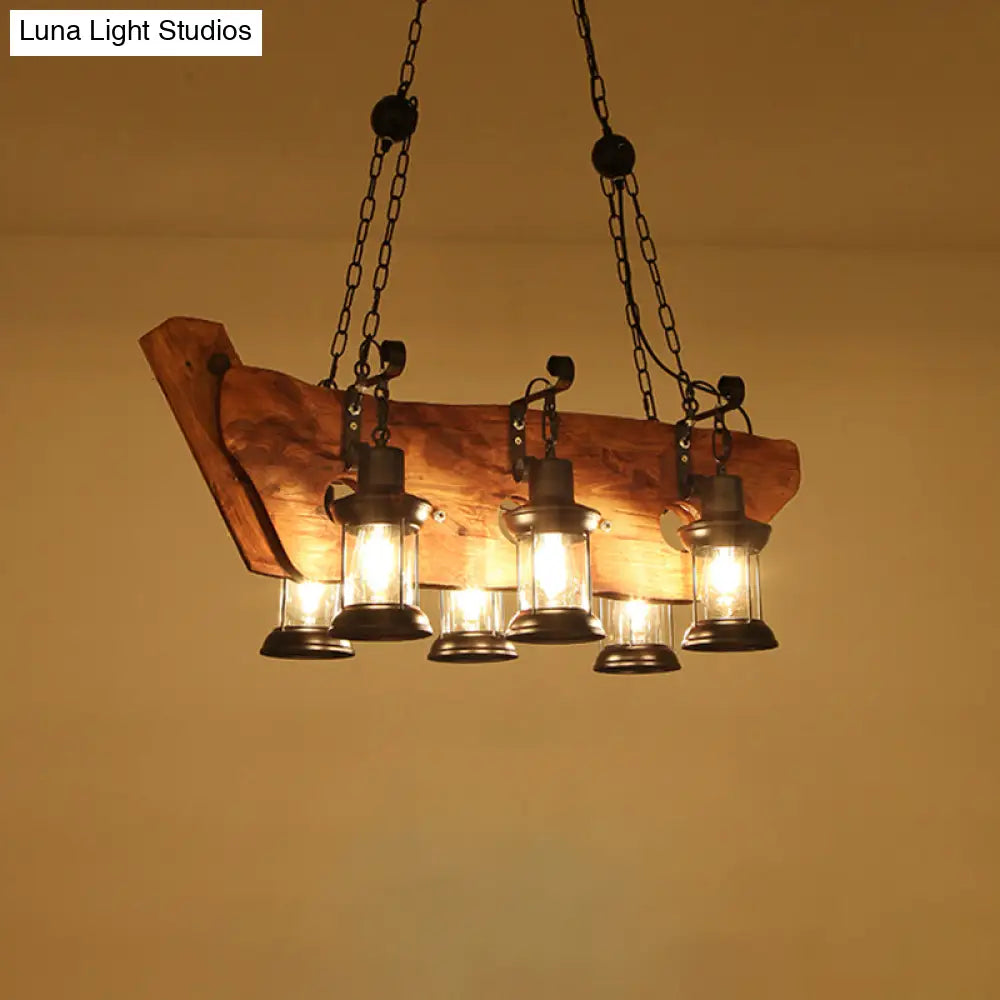 Farmhouse Brown Lantern Pendant Lamp With Clear Glass And Multiple Wood Arm Designs - Island Light