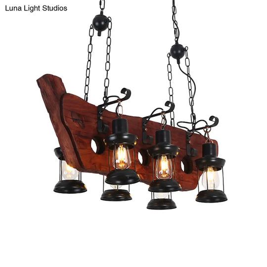 Farmhouse Brown Lantern Pendant Lamp With Clear Glass And Multiple Wood Arm Designs - Island Light