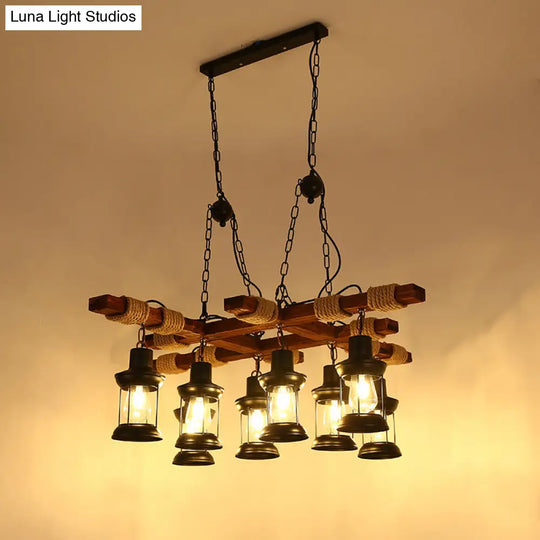 Farmhouse Brown Lantern Pendant Lamp With Clear Glass And Multiple Wood Arm Designs - Island Light