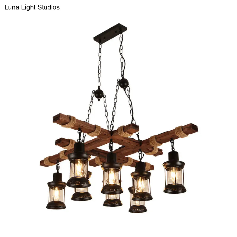 Farmhouse Brown Lantern Pendant Lamp With Clear Glass And Multiple Wood Arm Designs - Island Light